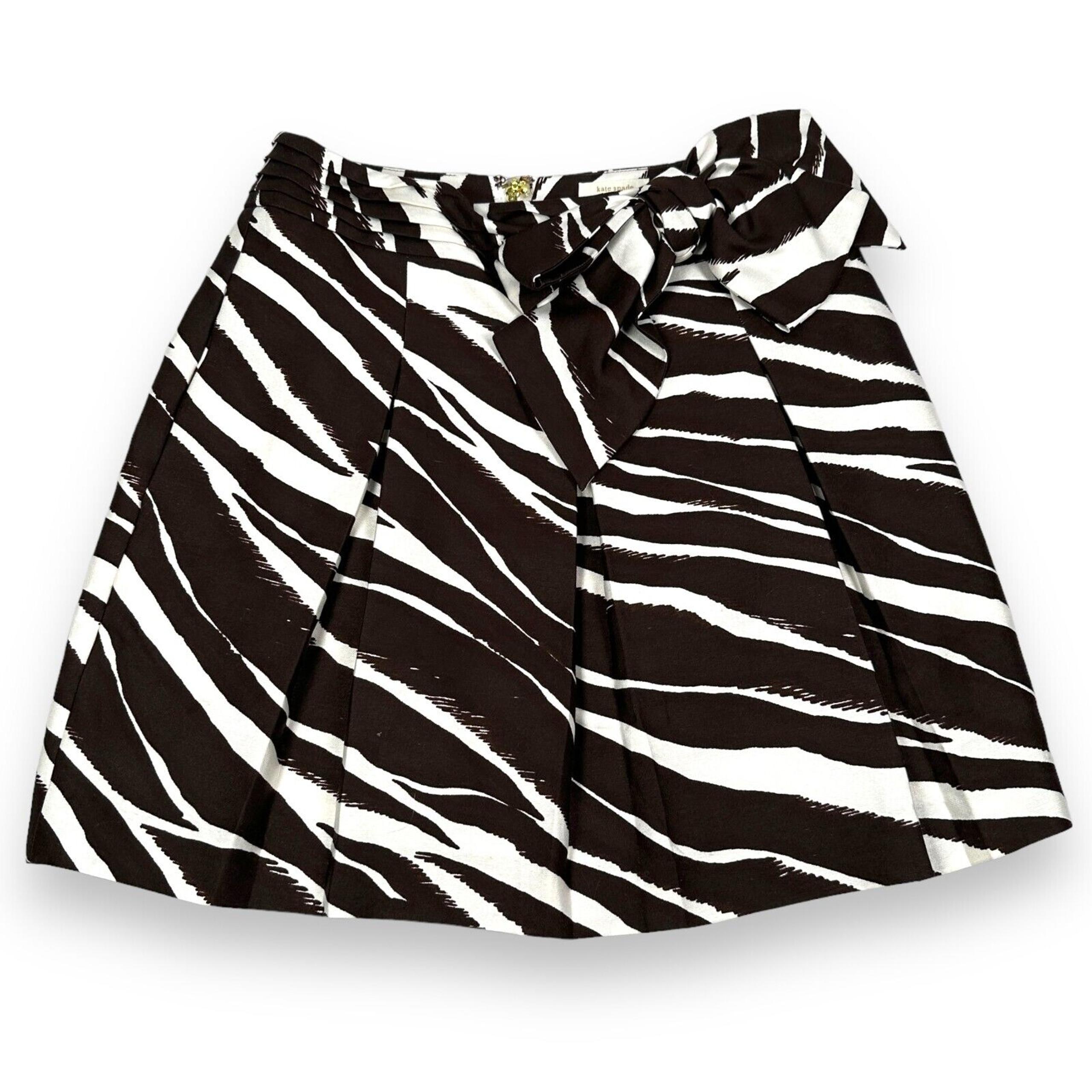 Kate Spade Mini Skirt Womens 0 Dark Brown White Zebra Print Bow Waisted Cotton