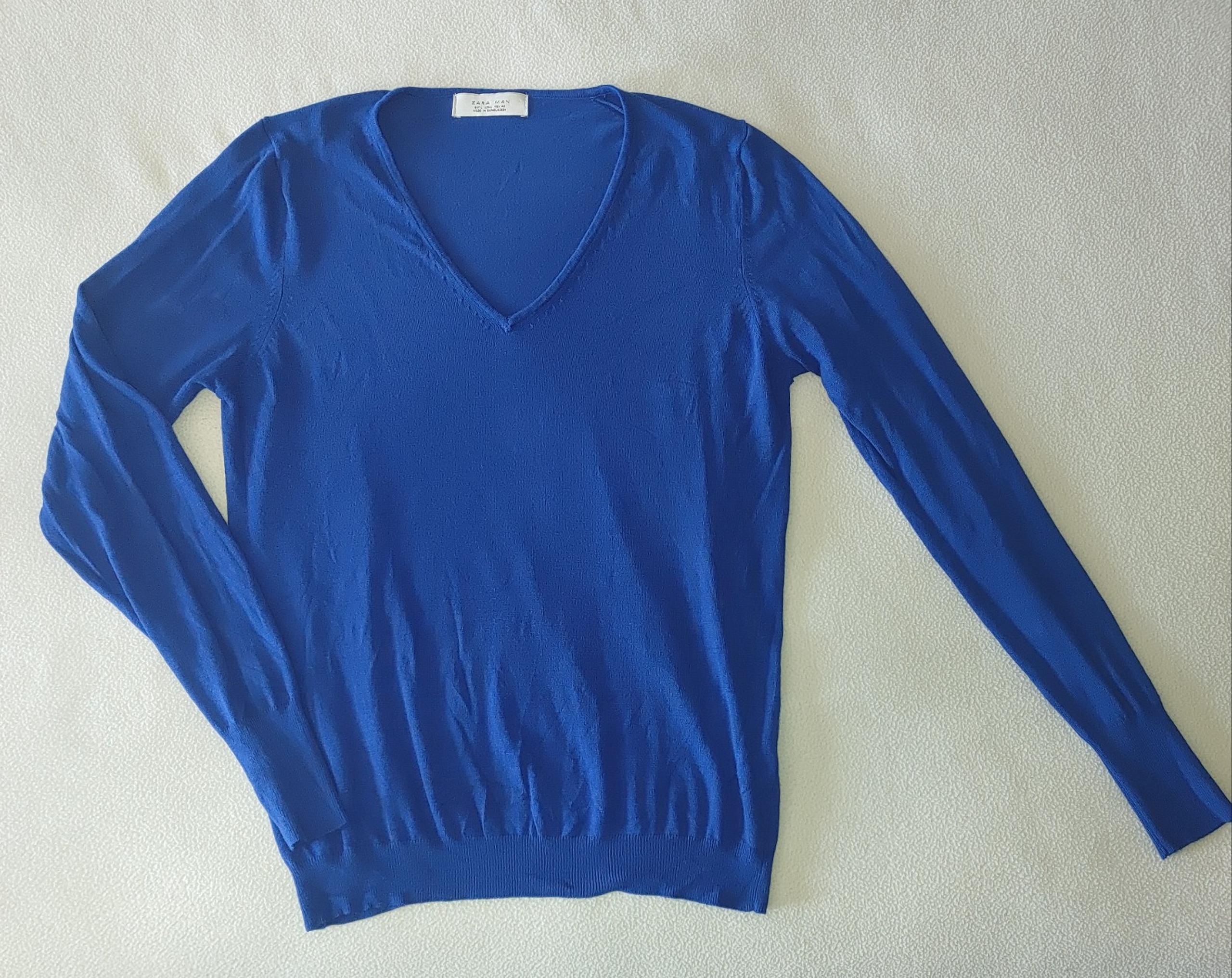 Zara Man Size Large V-Neck Long Sleeve Pull Over Top Sweater Cobalt Blue