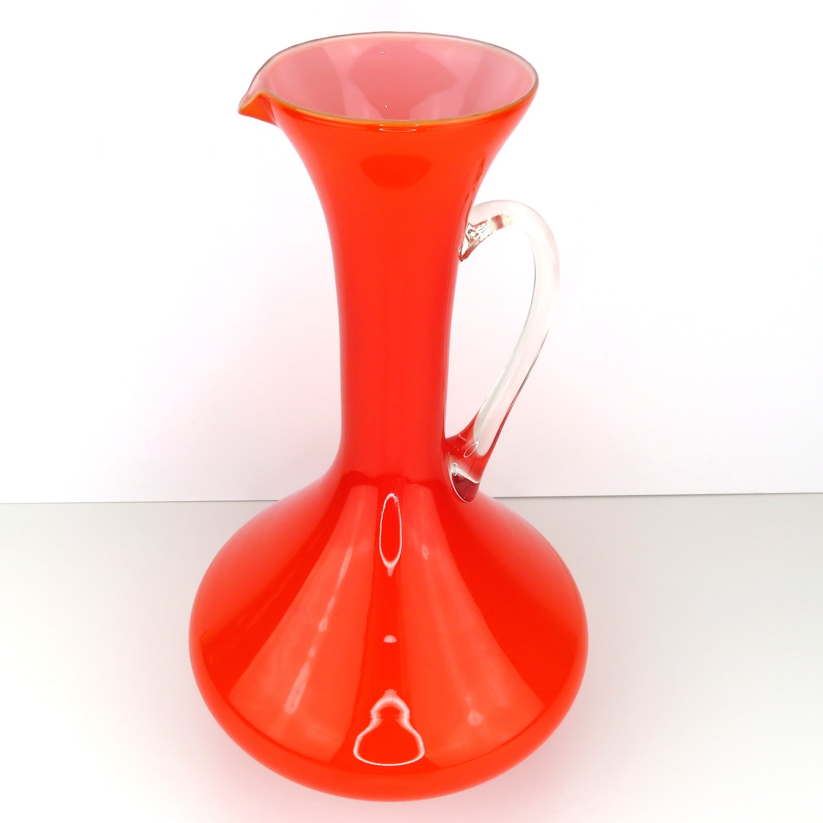 Vintage Mid Century Orange Empoli Art Glass Pitcher Ewer Vase MCM Stelvia Style