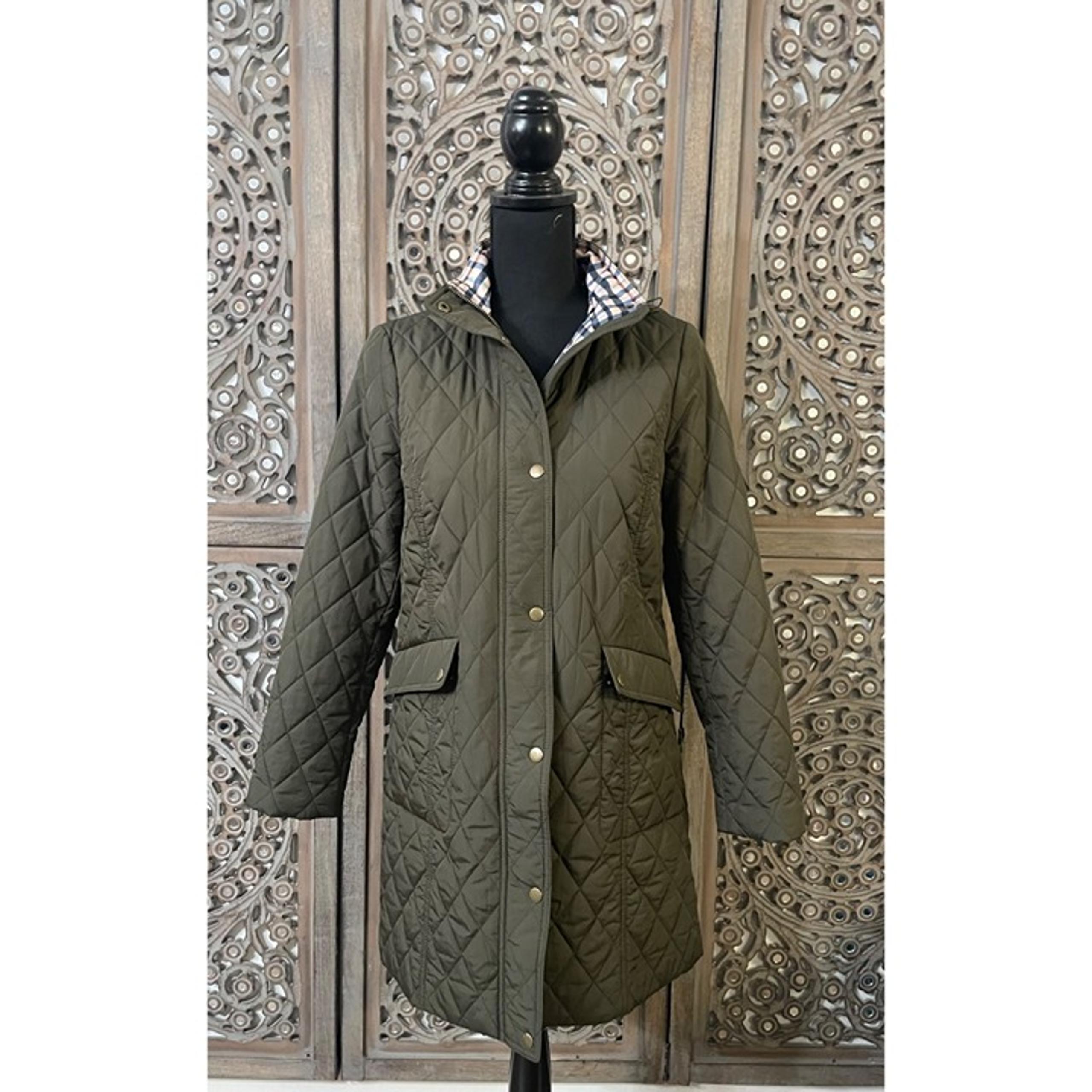 Talbots Olive Green Long Quilted Coat  Hood plaid liner Size XS all weather