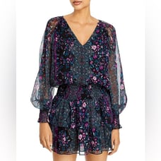 Ramy Brook Logan Floral Long Puff Sleeve 100% Silk Mini Dress Women’s Size Small