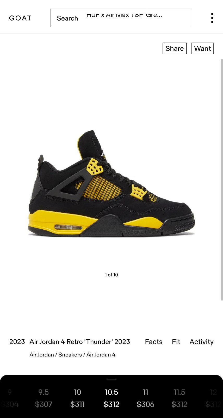 Air Jordan 4 Retro yellow'Thunder' size 10.5 mens