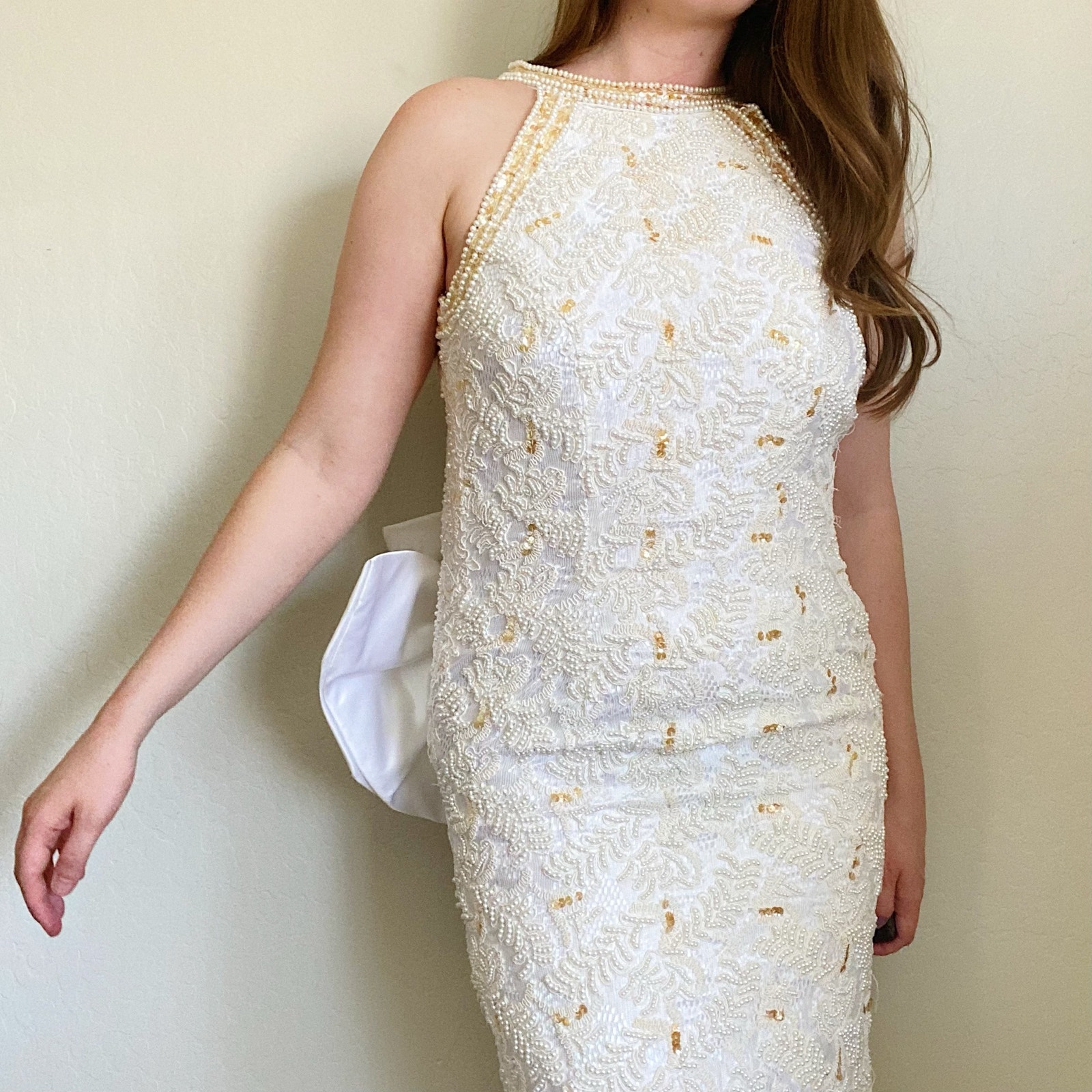 Vintage Ivory Pearl and Beaded Full Length Wedding Bridal Gown Back Bow