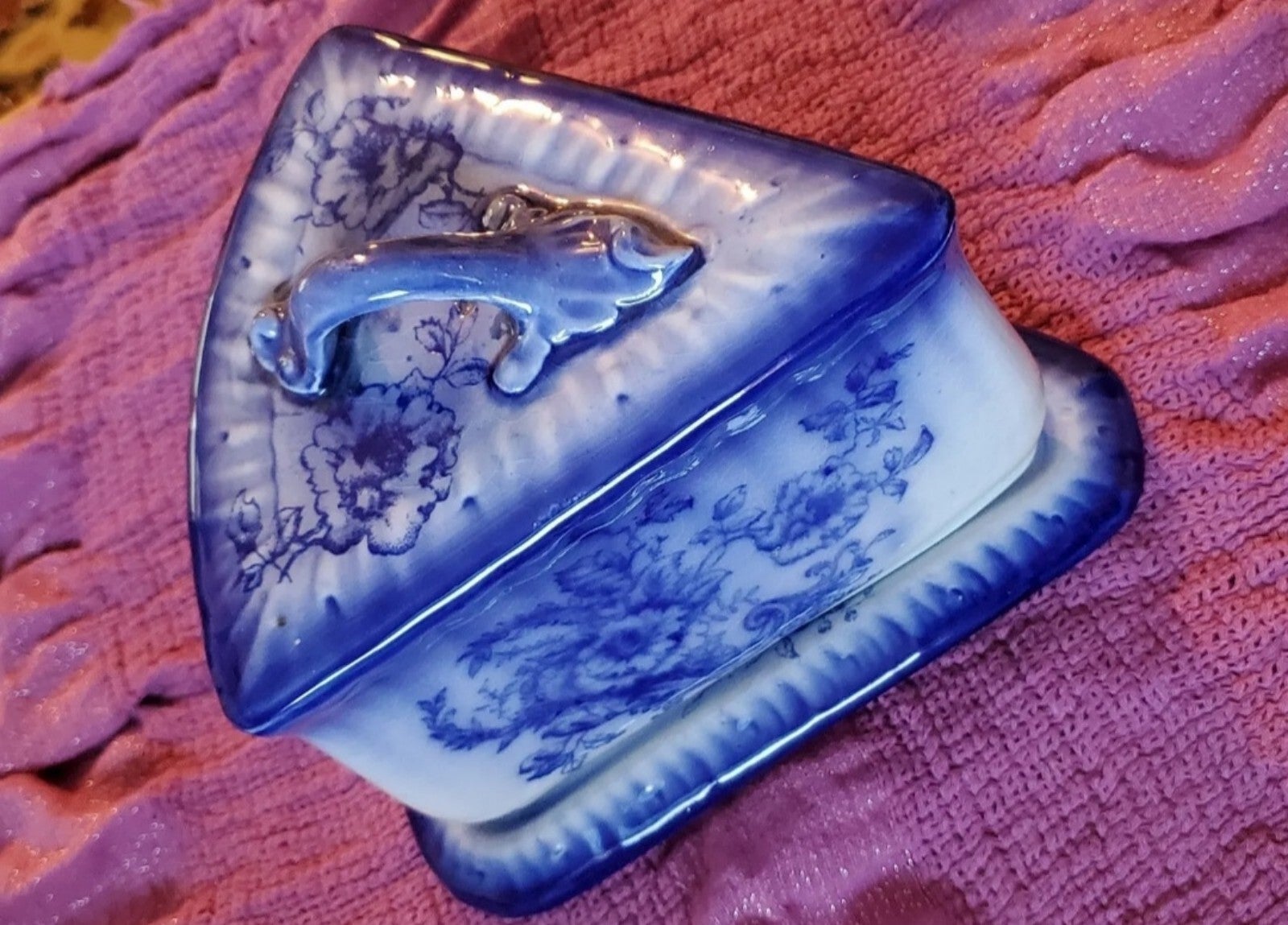Rare Floral Vintage Flow Blue Cheese Plate with Lid.