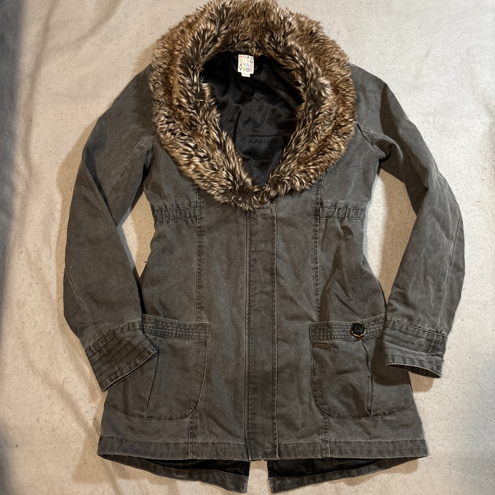 ROXY Women's Vtg Boho Cotton Canvas Parka/Jacket/Coat w/Faux Fur Collar Sz Med