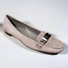 Prada Taupe Suede Pewter Logo Buckle Loafers
