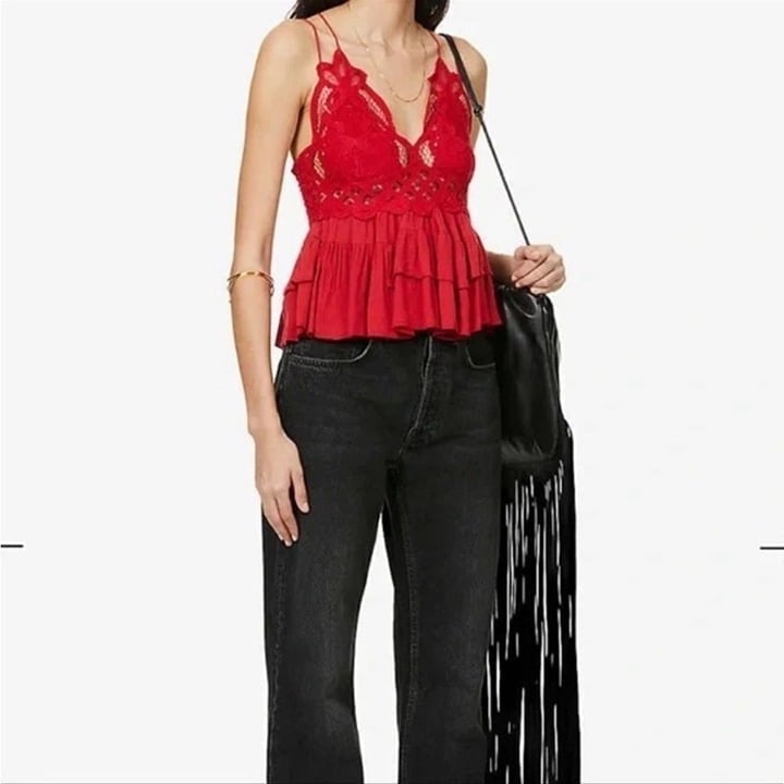 Free People ADELLA Lace Smocked Back Ruffled Tiered Tank-Top: Red/ Medium. NWT