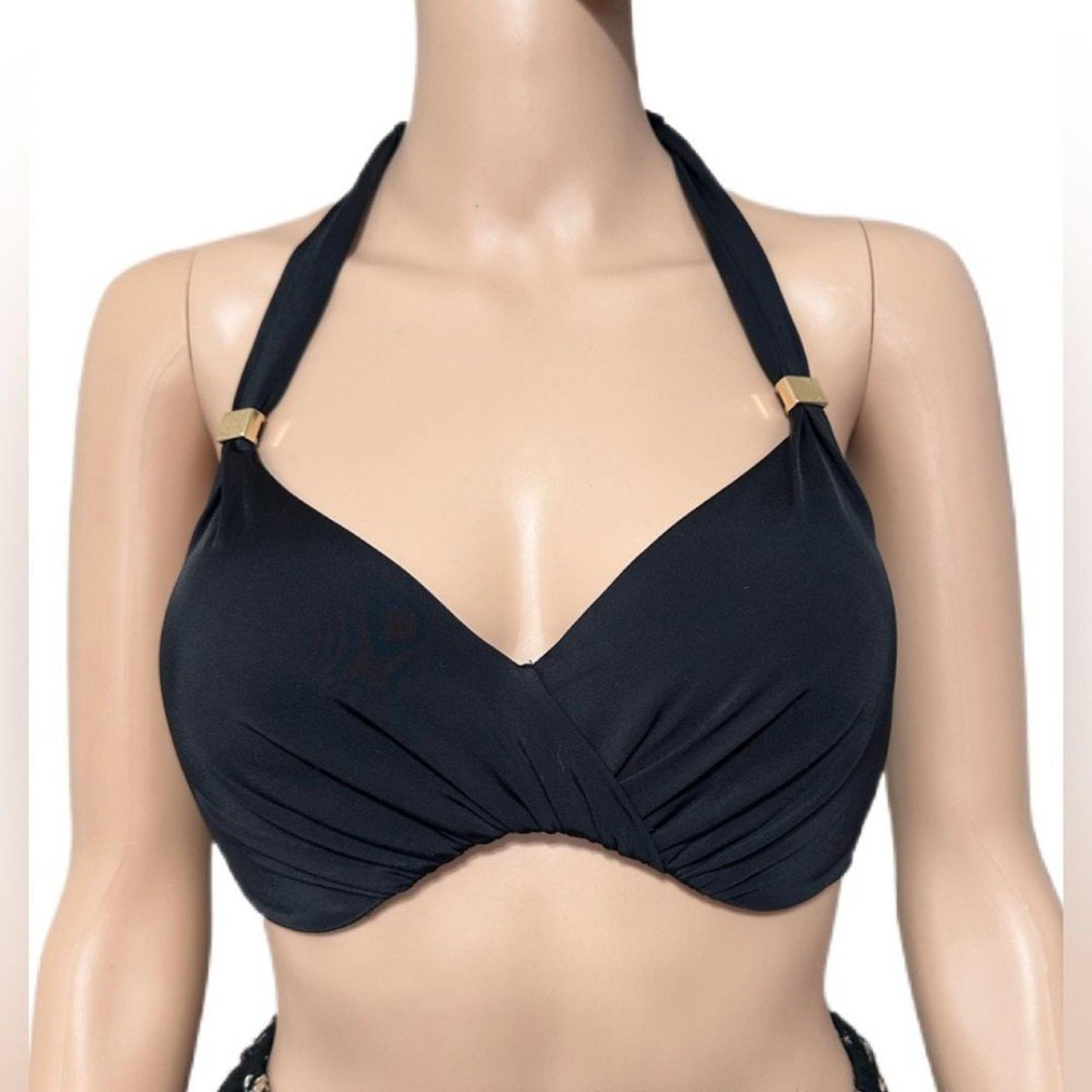 Victoria’s Secret The Unforgettable Halter Bikini Top Black 34DD Gold Accents