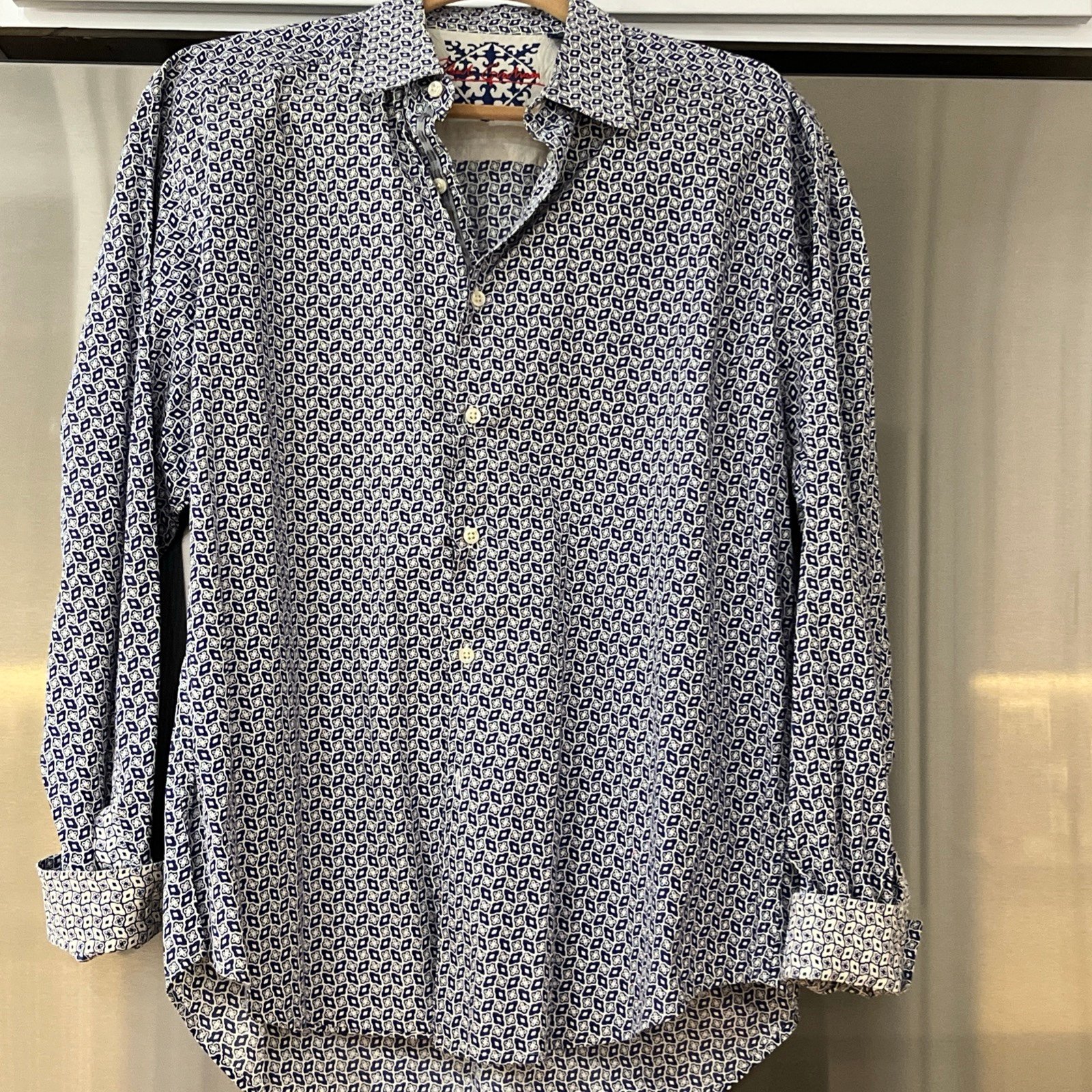 Robert Graham Shirt Mens XXL Blue White Geometric Embroidered Yoke Flip Cuff