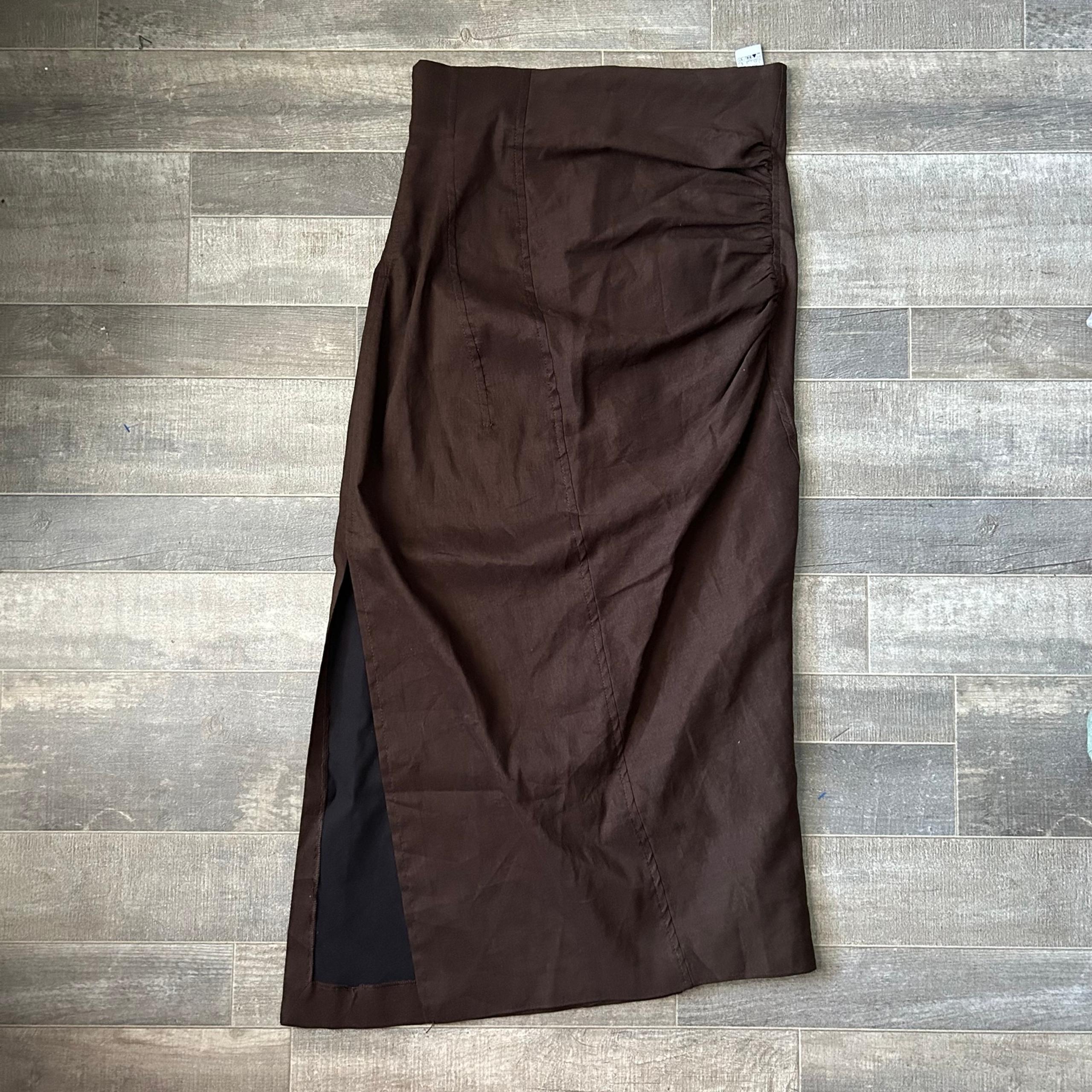 ZARA Woman's Brown Draped Skirt Pencil Side Slit Linen Blend Sz L Midi Stretch