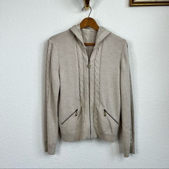 St John Cashmere Cable Knit Zip Up Hoodie Sweater