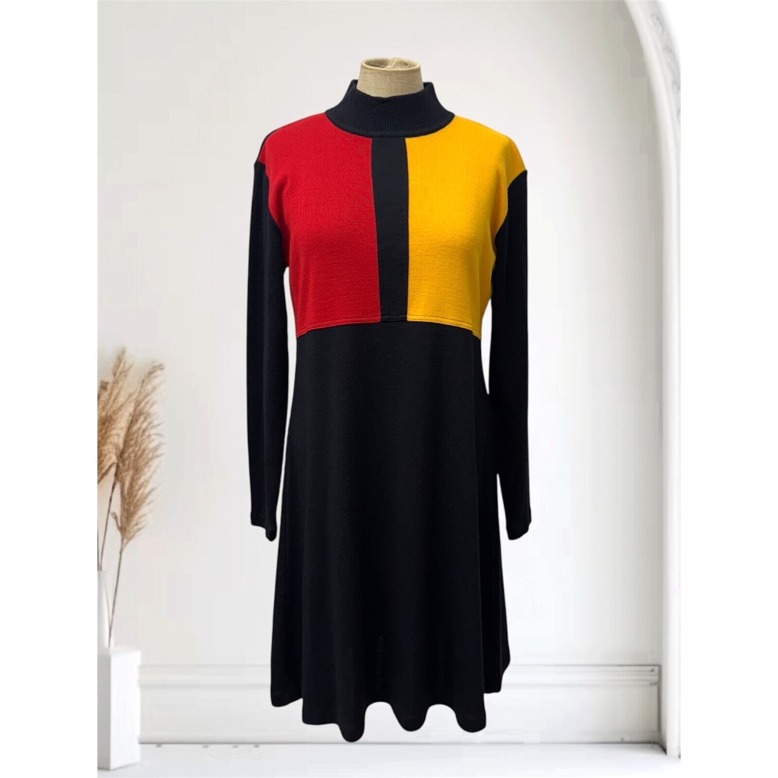 Vintage 90s Karin Stevens M Black Knit Dress Yellow Red Mondrian Colorblock Mod