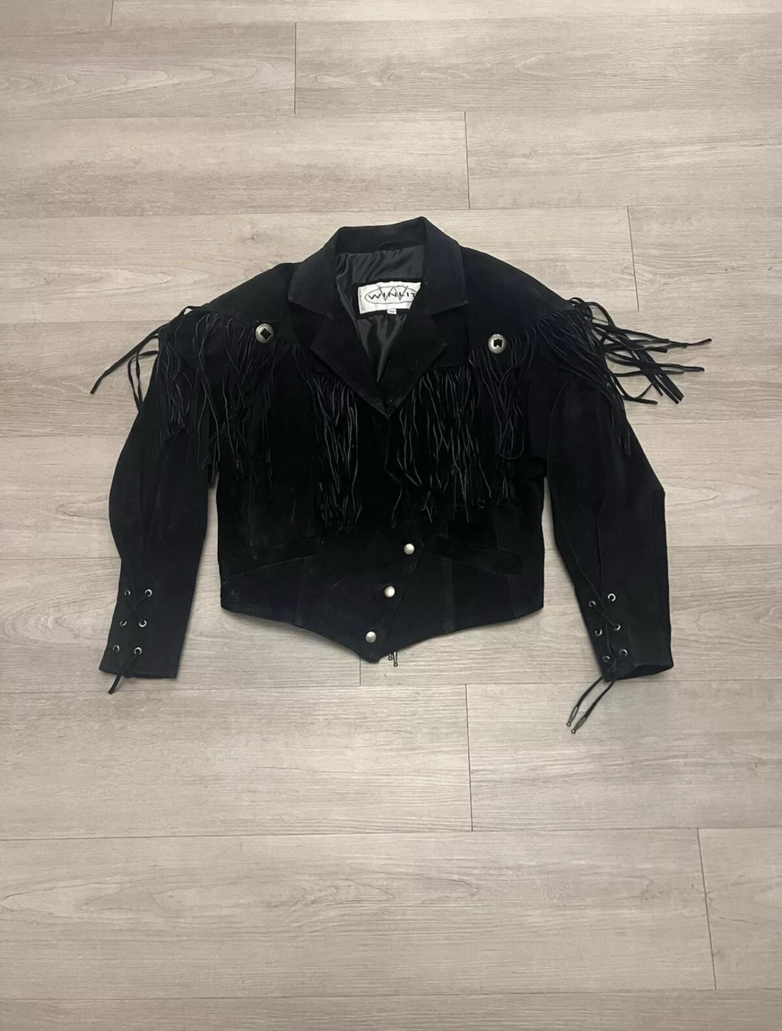 Vintage 90s Winlit Suede Leather Fringed Cropped Biker Motorcycle Jacket Women’s