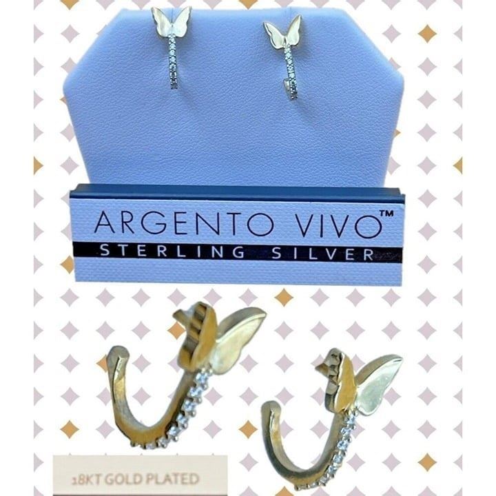 Argento Vivo Sterling Silver 18K GP Mini Butterfly CZ Detail Open Hoop Earrings