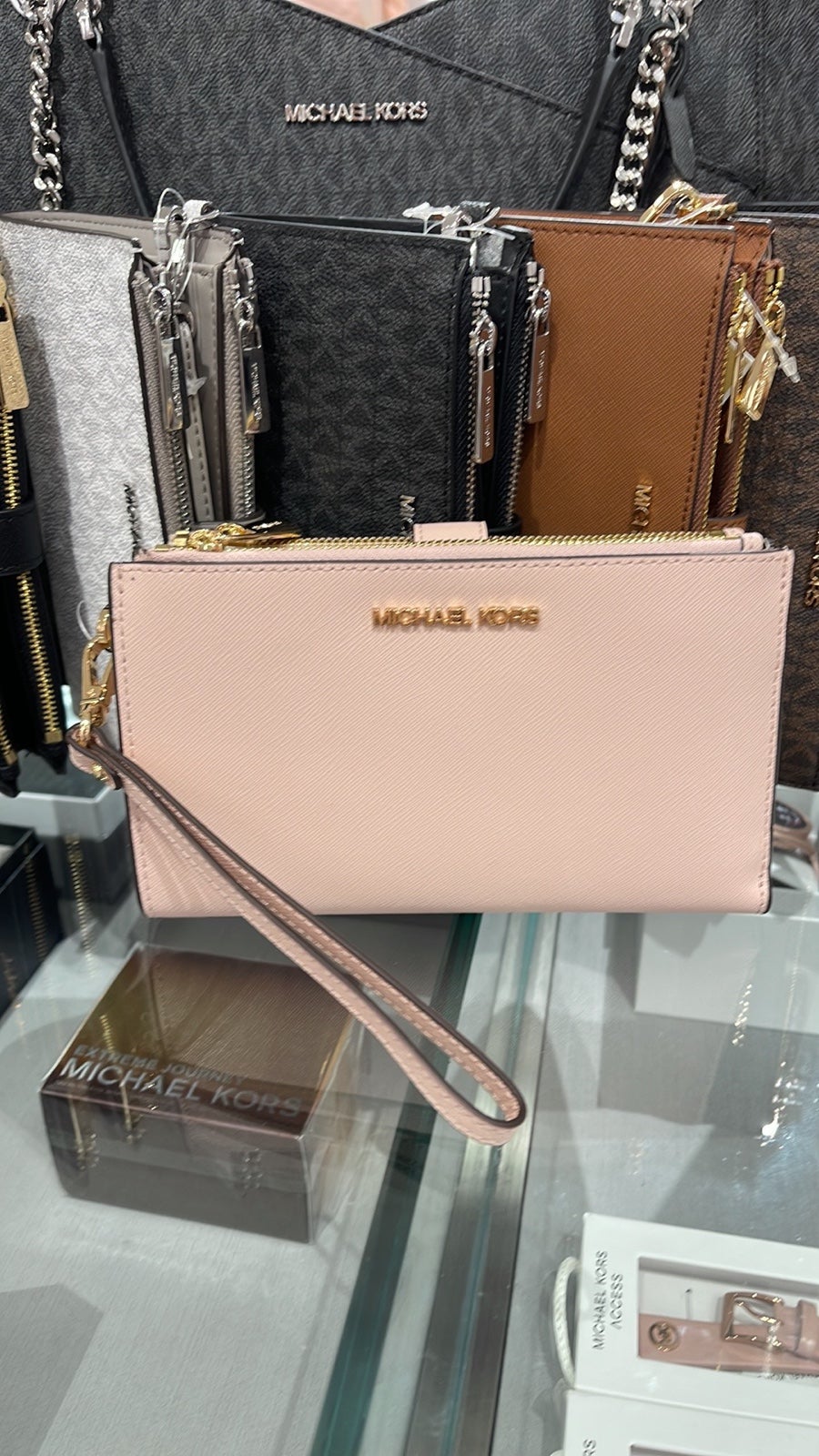 MICHAEL KORS LARGE DOUBLE ZIP WRISTLET WALLET PHONE CASE CLUTCH POWDER BLUSH