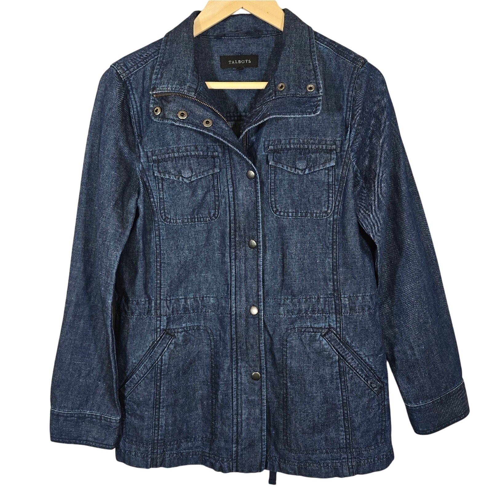 E Talbots Blue Denim Twill Field Jacket Womens Size XS Hemp Blend Utility Light