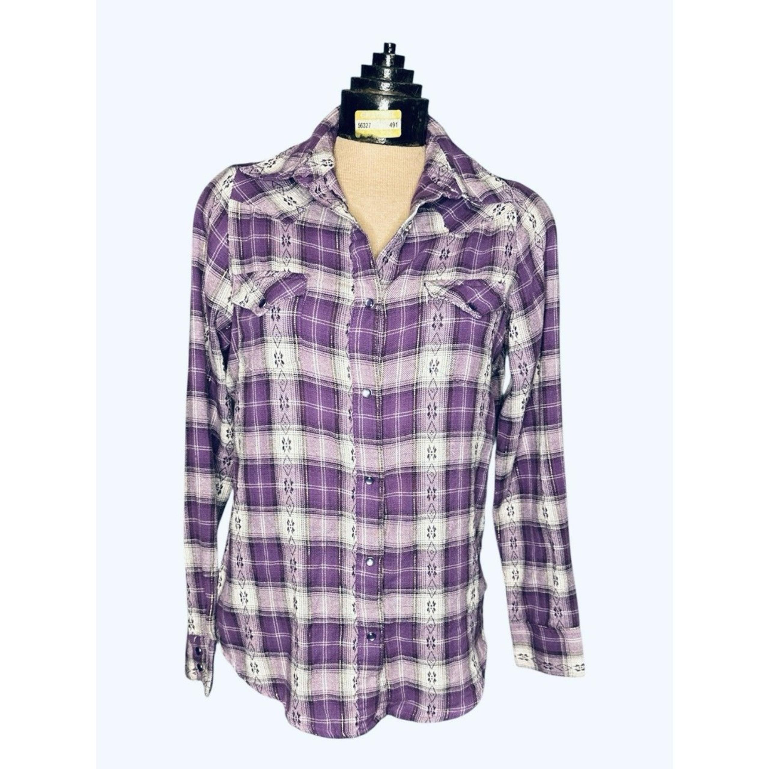 Wrangler As Real As It Gets Purple Plaid Button Down Pearl Snap Shirt Medium