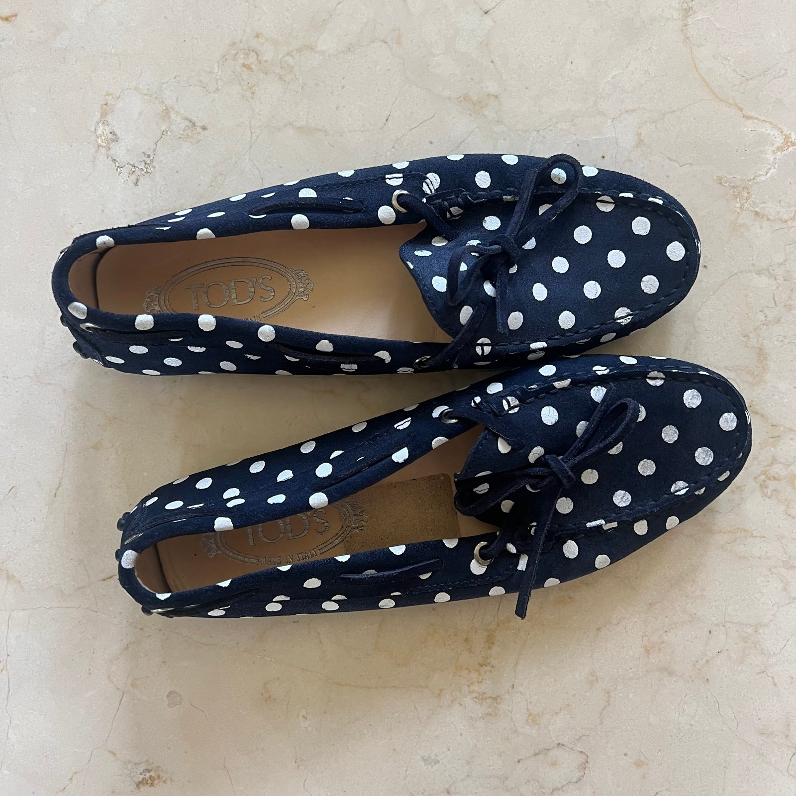 Tods Boating Loafers Navy and White Polka Dot Sz 38