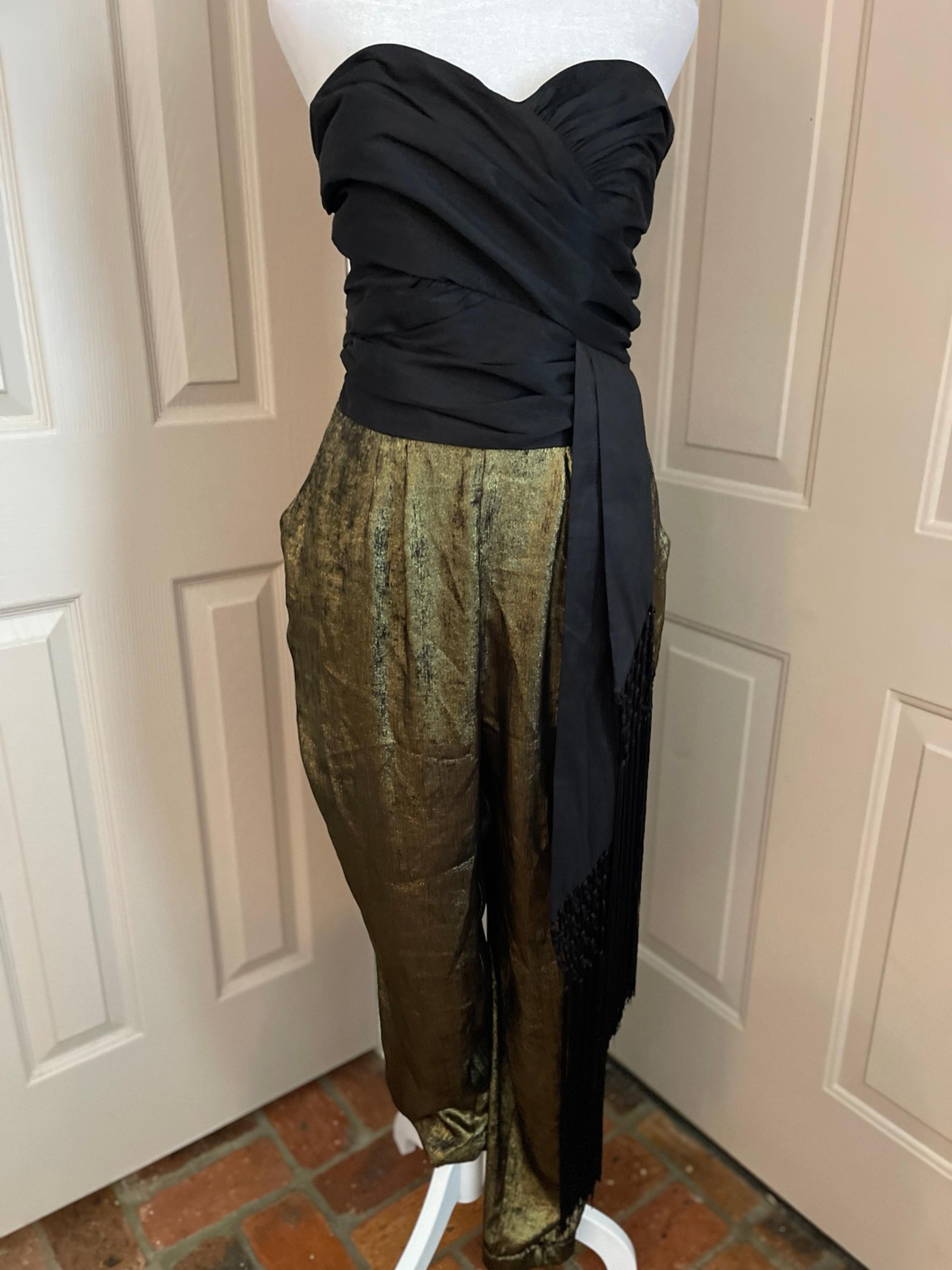 New York & Company Gabrielle Union black & gold strapless fringed jumpsuit. Sz 4