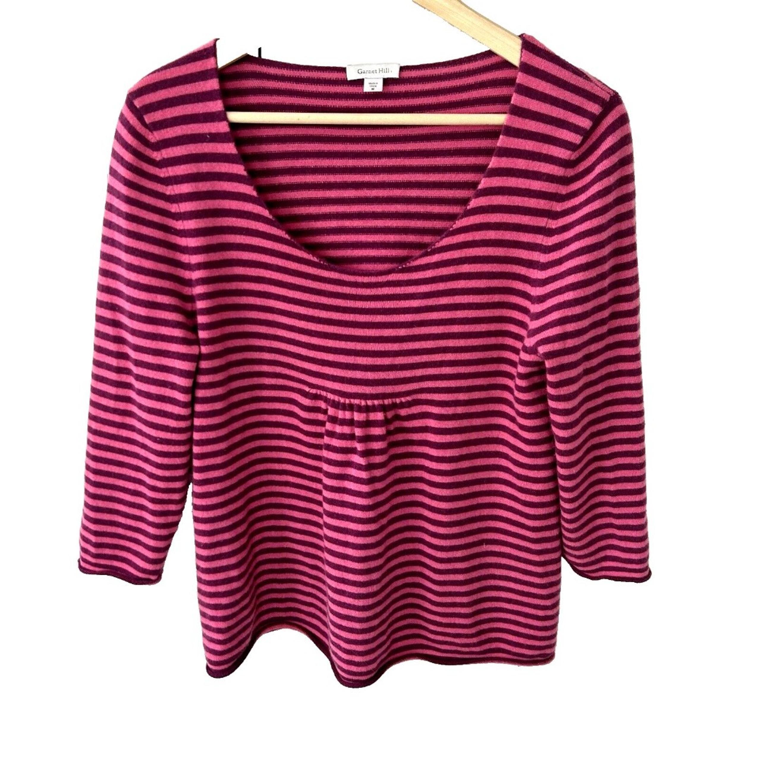 Garnet Hill Cashmere Sweater Size Medium Pink Striped Knit Top Pleated Front