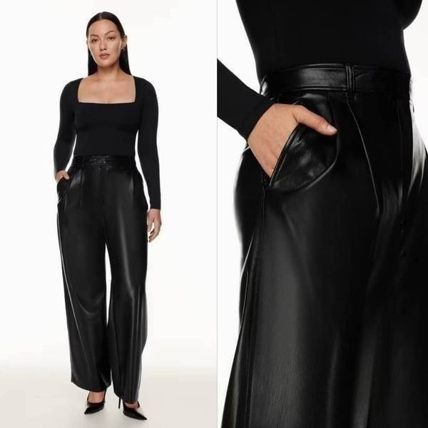 Aritzia Babaton Pants Women's 8 Black Faux Leather Pleated Slash Pockets Chic Pr