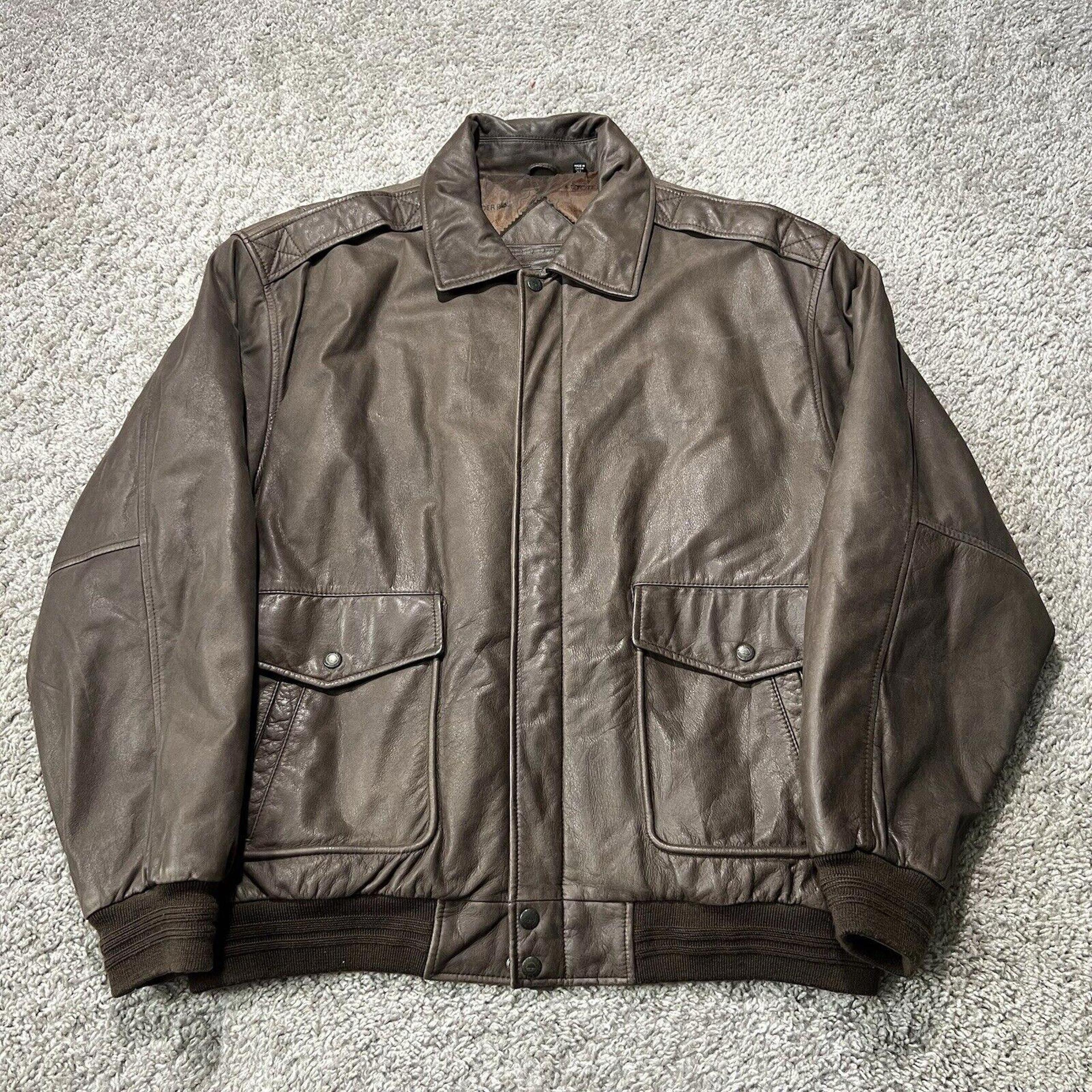 Vintage Roundtree Yorke Brown Leather Flight Bomber Jacket Mens Full Zip XL Y2K