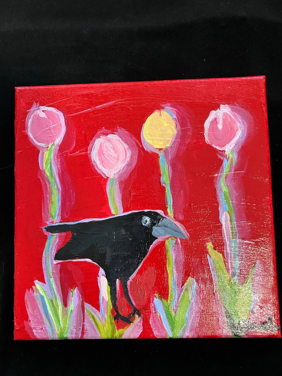 Crow And Tulips “An Acrylic Original Painting 10”x10”On Stretched Canvas