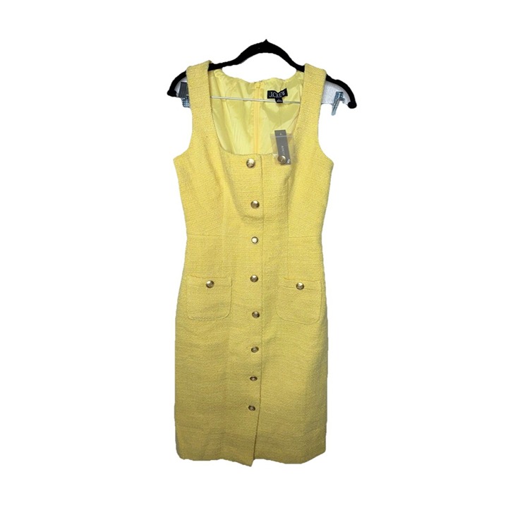 J. Crew Yellow Sophia Sleeveless Midi Dress Tweed Old Money Size 0 Wool Blend C1