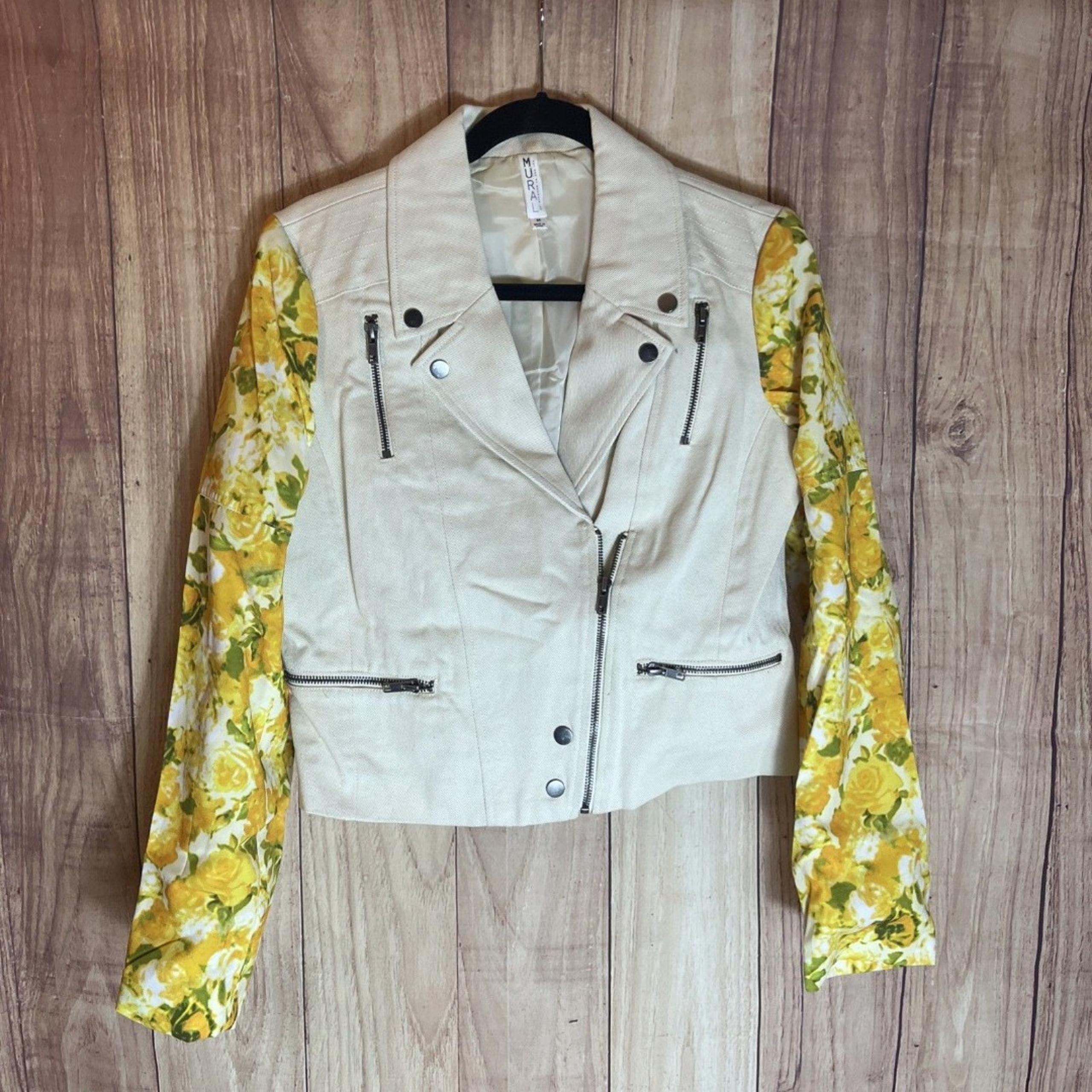 Mural Denim Jacket Yellow Floral Sleeve Biker Double Zip Pockets Size Medium