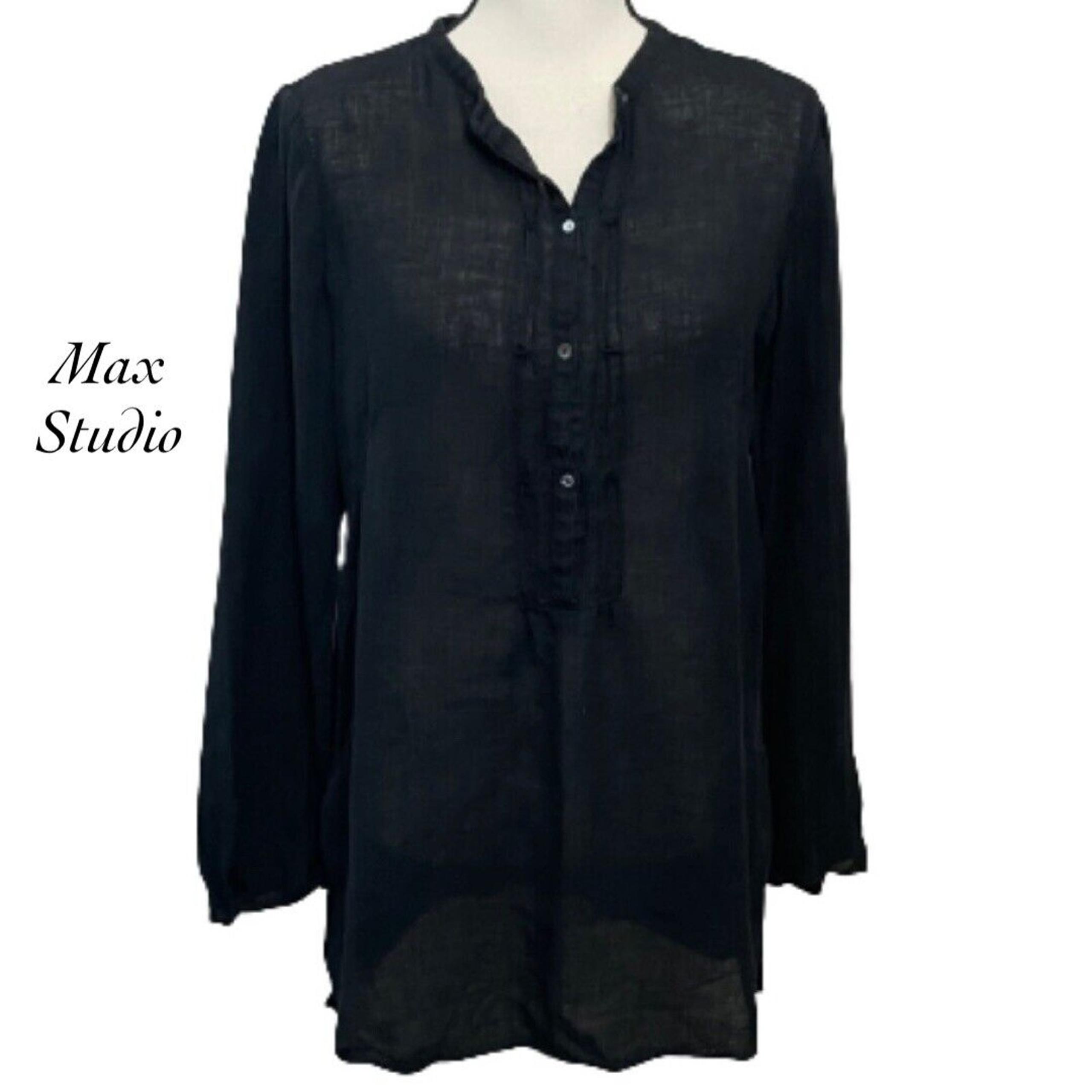 Max Studio Black Long Sleeve Sheer Linen 1/2 Button Front Tunic Blouse Size M