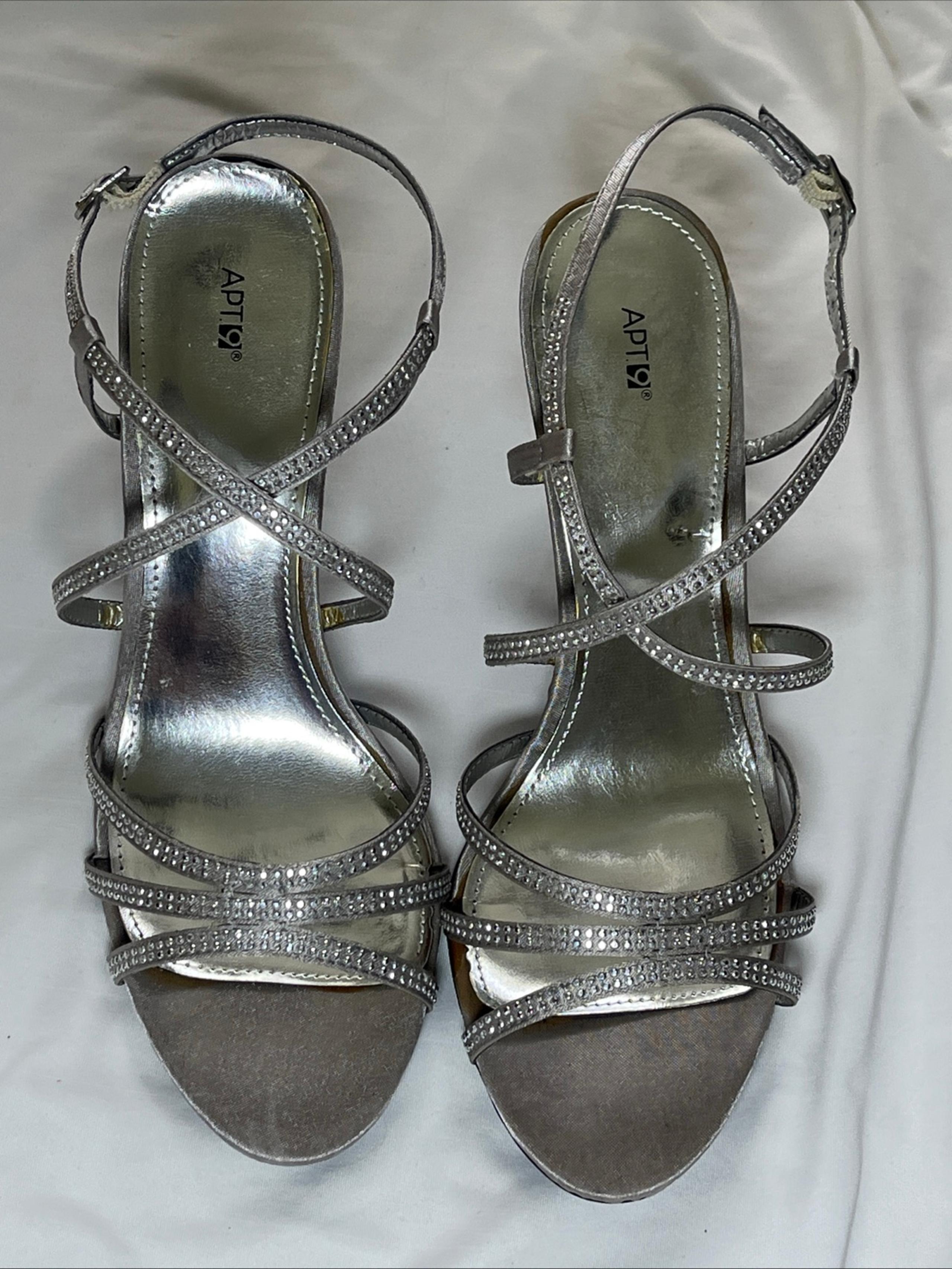 Apt 9 Stiletto 3in Heels Straps Buckle Closure Rhinestone Accents Size 8M Silver