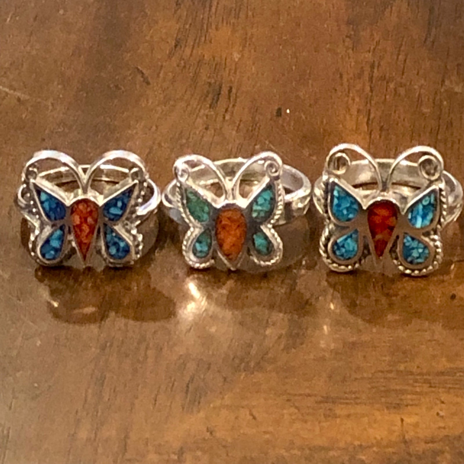 Crushed Turquoise Coral Sterling Silver Butterfly Ring 6 or 7
