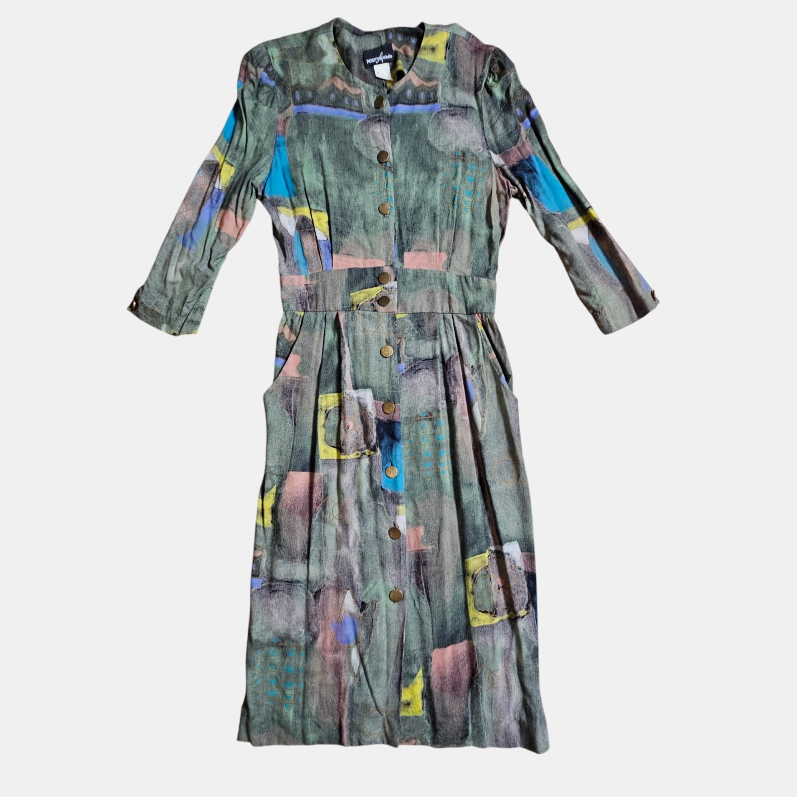 Vintage 90s Positive Attitude Abstract Button Up Midi Dress 13/14 Rayon Retro