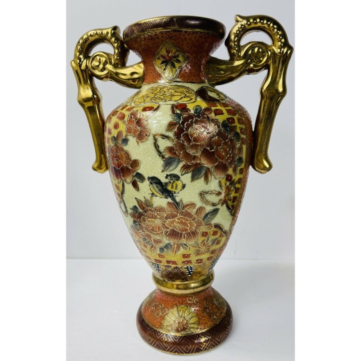 Asian Hand Painted Double Handled Vase