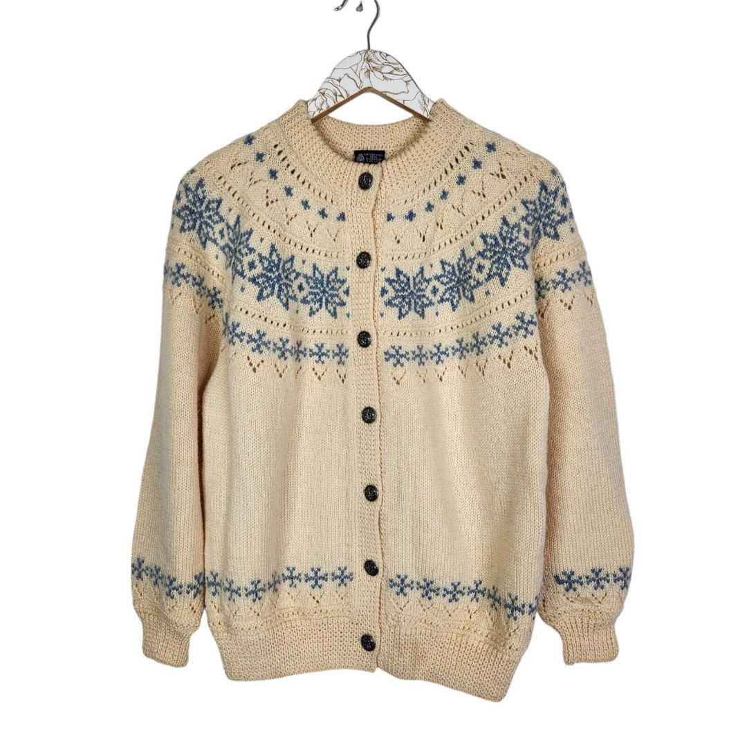 Vintage DALE OF NORWAY Sweater Womens Small Cream Wool Nordic Fair Isle Cardigan