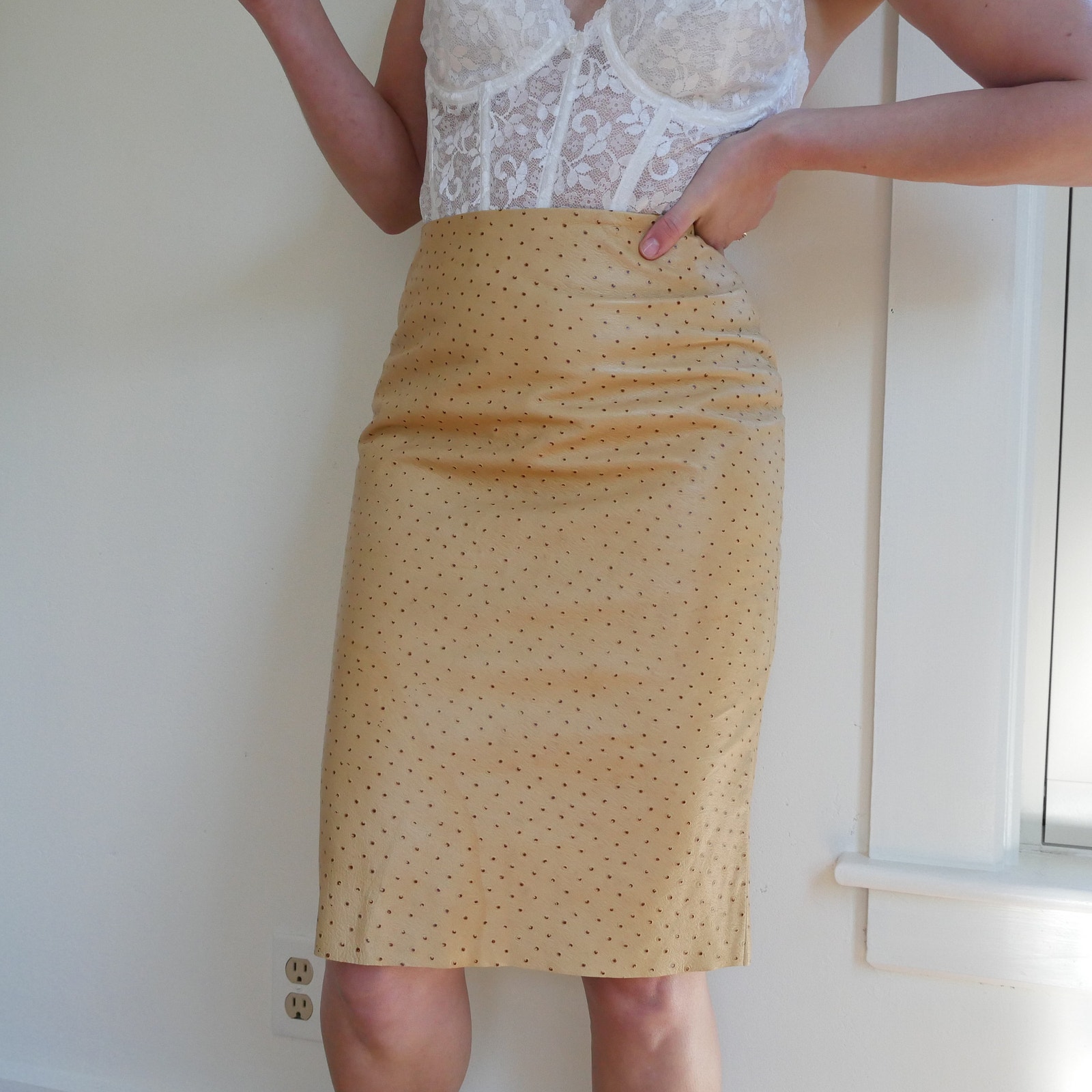 Intermix | Camel Leather skirt vintage y2k classic pencil fall skirt