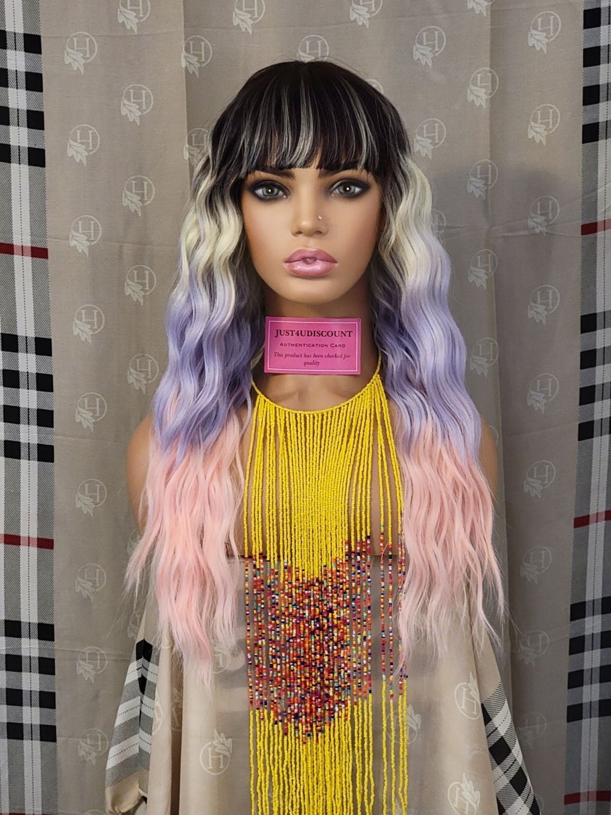 4color wavy pink lavender bang wig