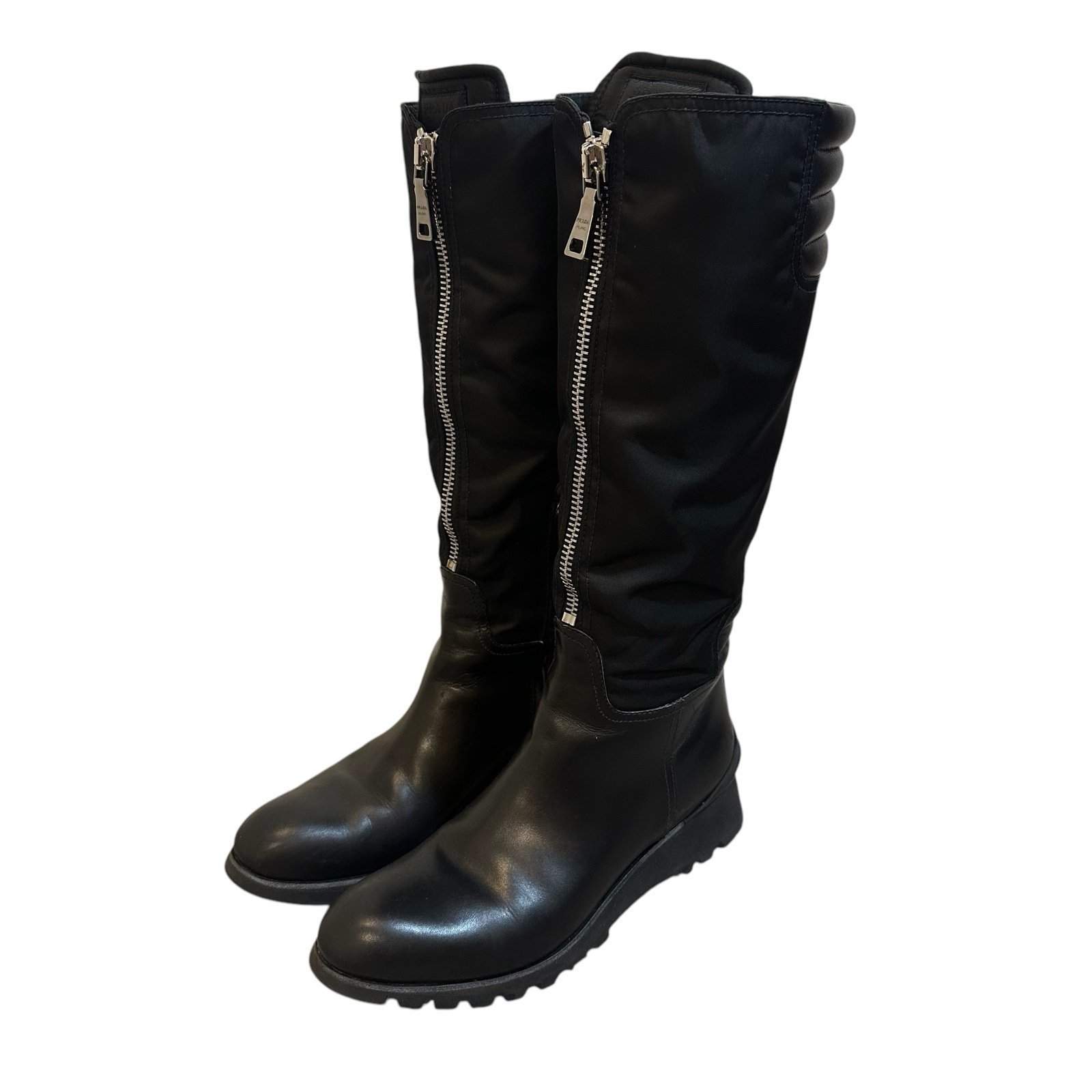 Prada Vibram Nylon and Leather Tall Boots in Black Size IT 39 / US 8.5-9