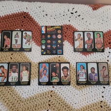 6 '71-72 B-Ball Sticker Cards: NBA Logos, Debusschere, Lanier, Greer, C Murphy..