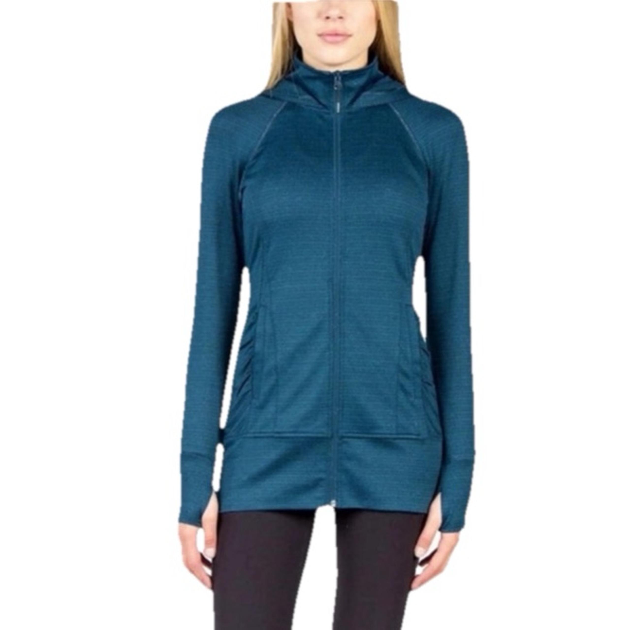 Mondetta Women’s Medium Teal Blue Stretch Thumbholes Hooded Zip Athletic Jacket