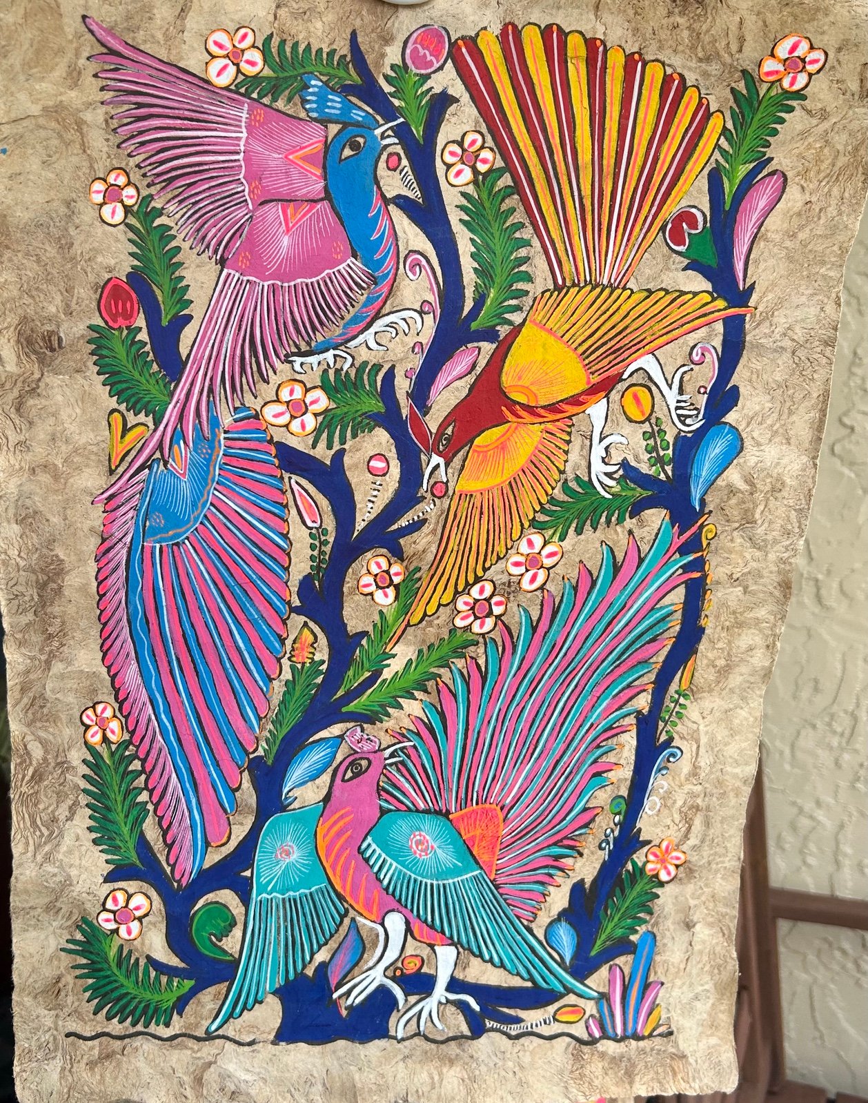 Mexican Folk Art Amate Bark Peacock Bird Flower Painting Aztec 29” x 16”