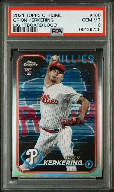 Topps 2024 Chrome Orion Kerkering Lightboard Logo #180 SSP RC Phillies PSA 10