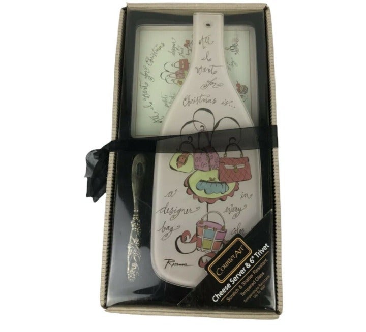 COUNTER ART Cheese Server And 6 Inches Trivet Tempered Glass NIB