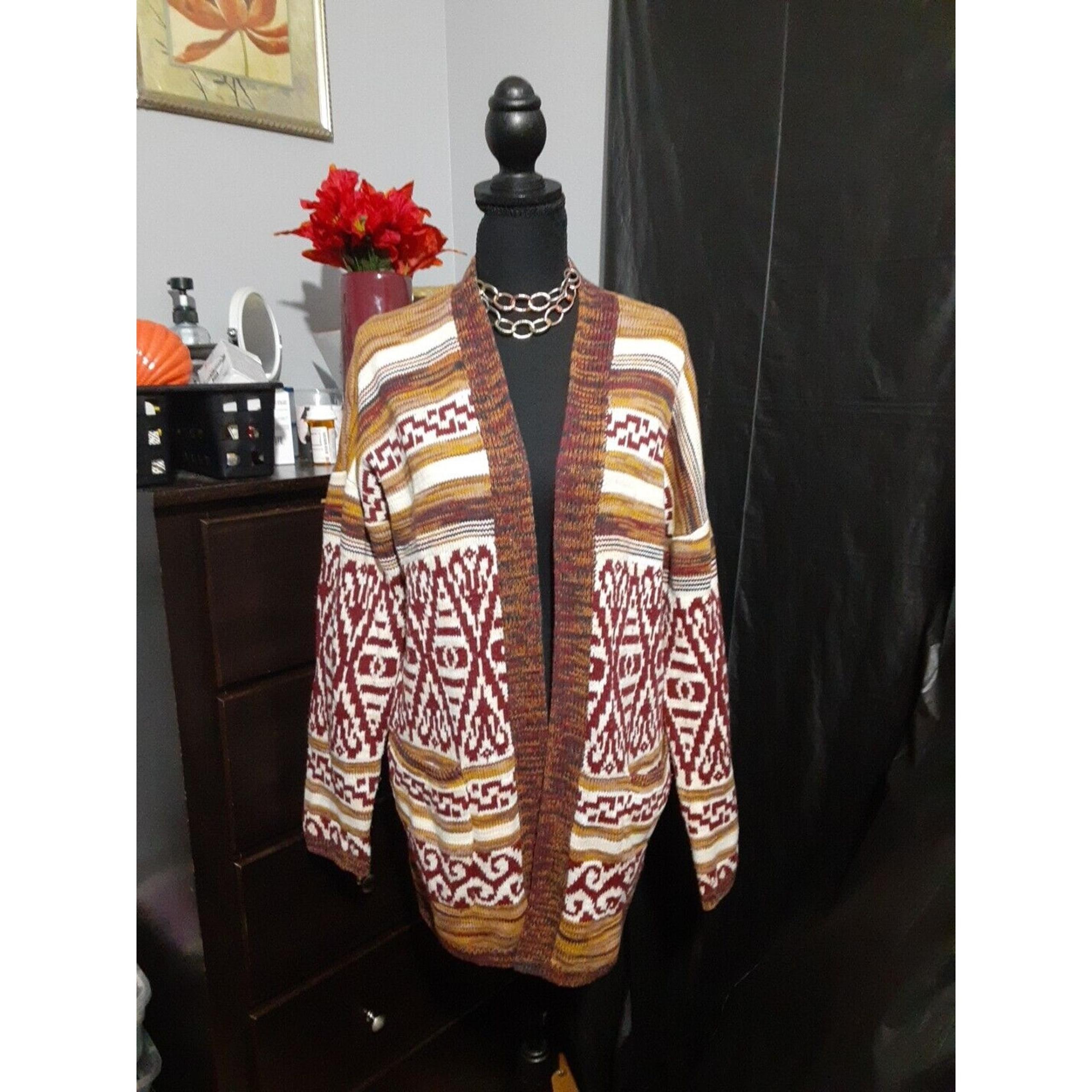 Lucky Brand Women's Sweater Cardigan Brown Tan Multicolor Size M Grandma Core