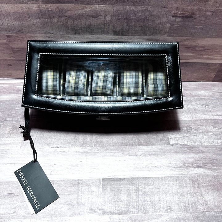 Drexel Heritage Mens Plaid Black Leatherette 5 Slot Watch Jewelry Organizer Box