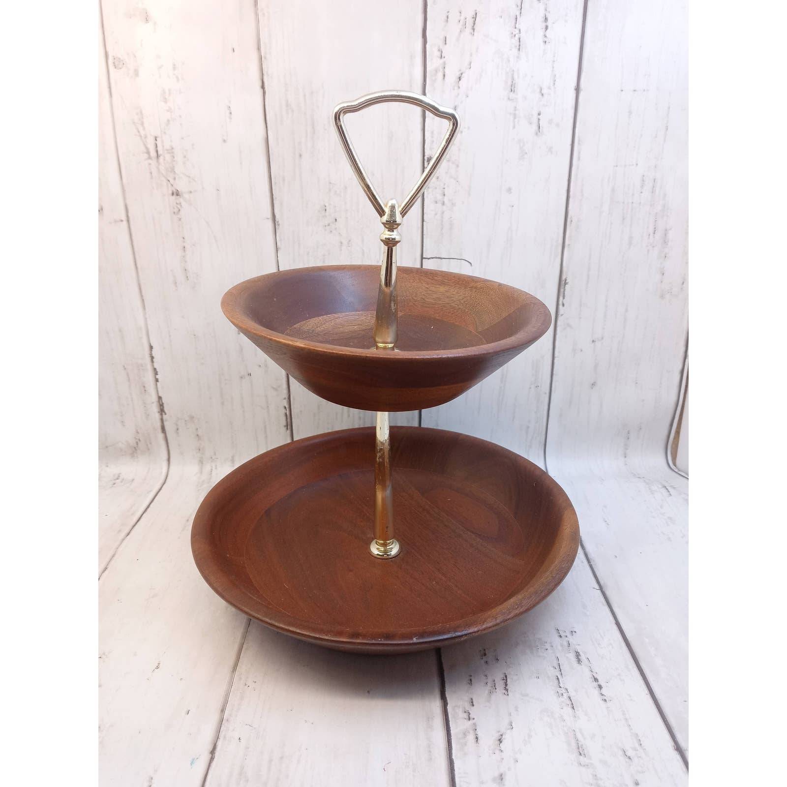 Vintage Ozark Walnutware Canape Tray 2 Tier Solid Walnut w/Gold Handle