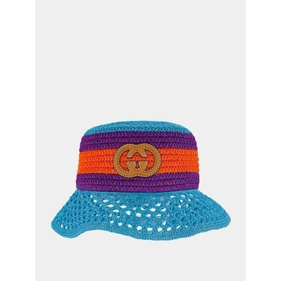 NWT GUCCI Gg-Logo Striped Faux-Raffia Hat 750 SZ S Bucket Purple Blue Red