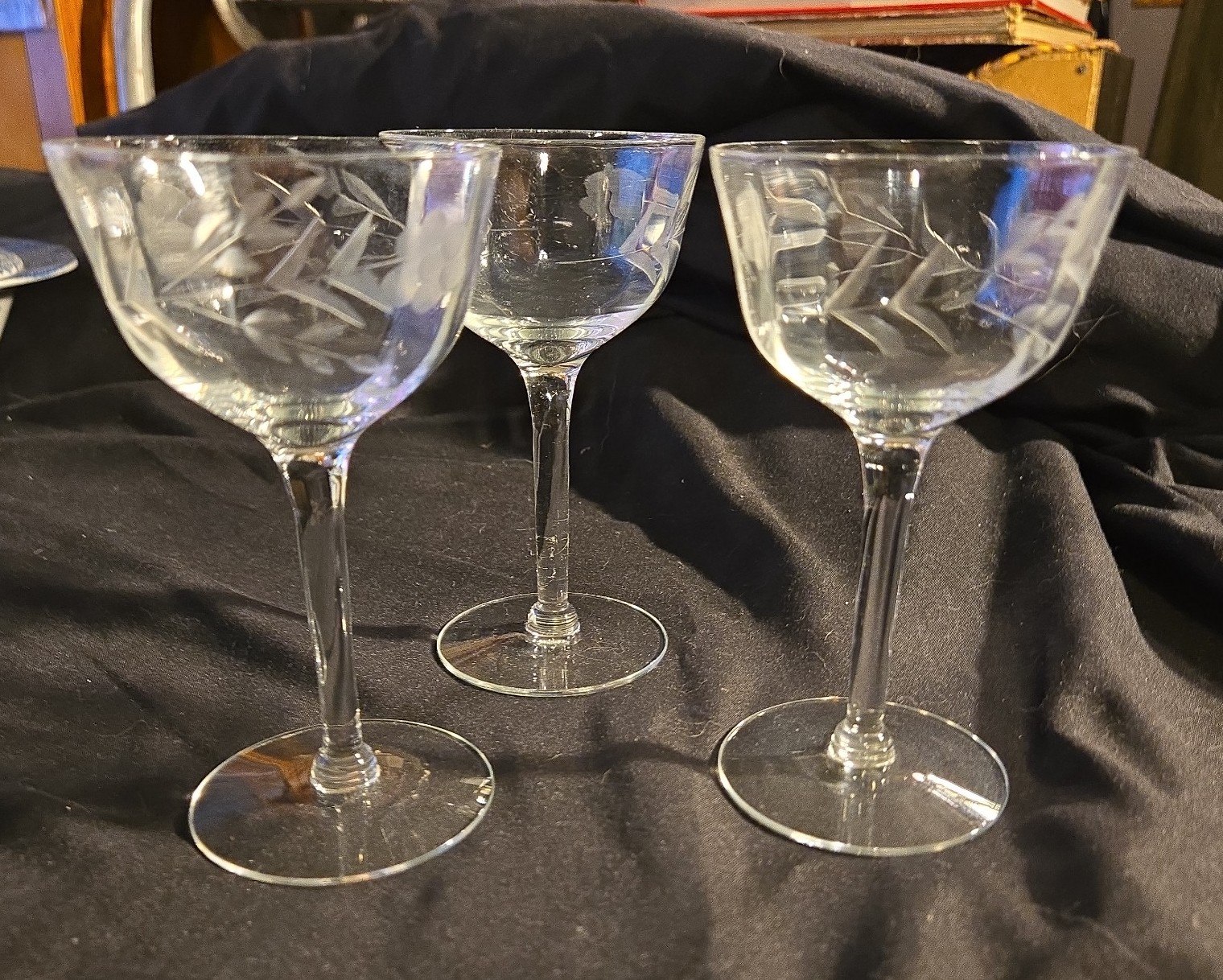 set of 3 VINTAGE COCKTAIL GLASSES. Etched floral design. Very fine and elegant.