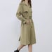 EUC ZARA Long Trench Coat Doublebreast Pocket Belted Cotton Green Women's XS