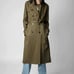 EUC ZARA Long Trench Coat Doublebreast Pocket Belted Cotton Green Women's XS